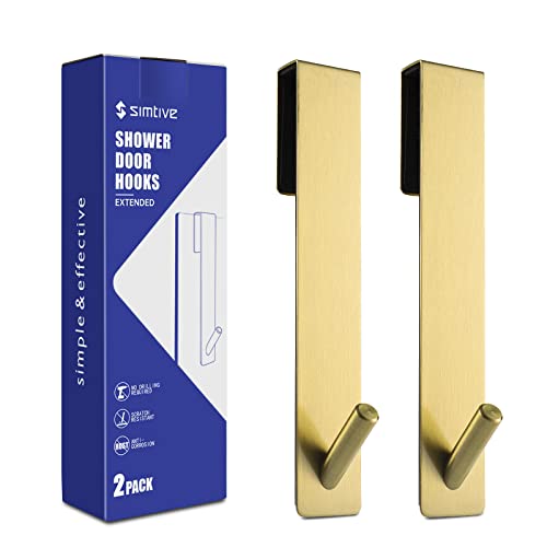 Simtive Extended Shower Door Hooks (7-Inch), Over Door Hooks for Bathroom Frameless Glass Shower Door, Towel Hooks, 2-Pack, Gold - color: Gold, size: 7 In-2 Pack