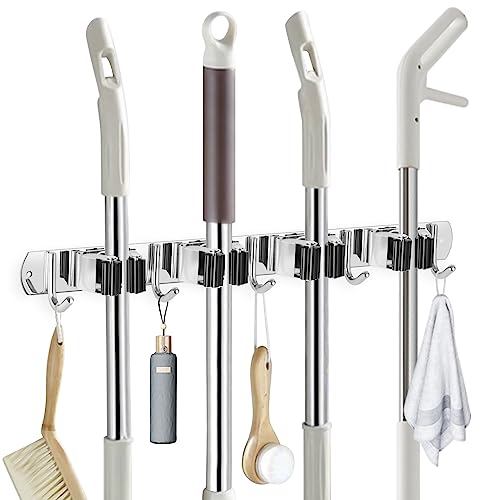 IMILLET Broom Holder Wall Mounted, Stainless Steel Broom Mop Holder Self Adhesive Heavy Duty Hooks Storage Organizer for Home Laundry Room Garden Garage Closet Kitchen 1 Pack（4 Racks with 5 Hooks） - color: 4 Racks with 5 Hooks, size: 1 Pack
