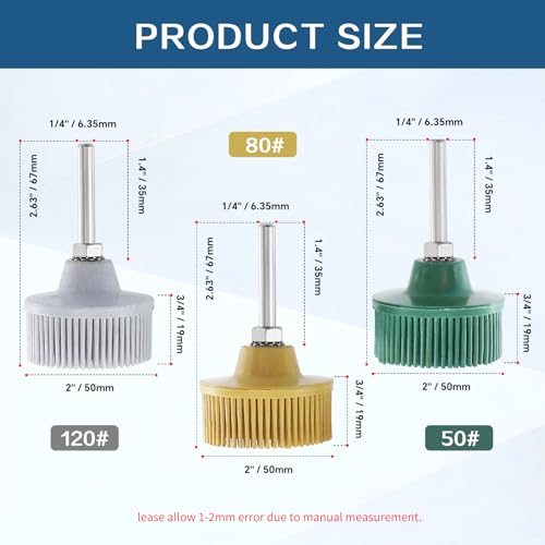 3Pcs Bristle Disc 2 Inch Gasket Remover Wheel Tool - 50#, 80#, 120# Size, White & Yellow & Green Bristle Brush Cleaning Disc with 1/4 Shank Attachment Abrasive Coating Discs