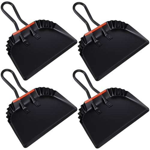 4 Pack 12 inch Heavy Duty Metal Dustpan Large Wide Dust Pans for Household Handheld Wide Scooper and Debris Cleaning Tool Ideal for Home and Commercial Use (Black)