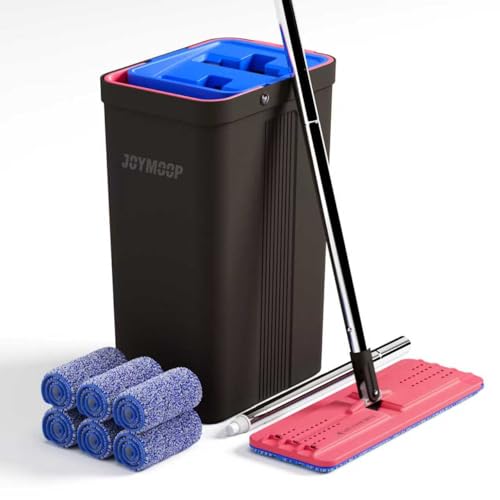 JOYMOOP Mop and Bucket with Wringer Set, Hands Free Flat Floor Mop and Bucket, with 6 Washable Microfiber Pads, Wet and Dry Use, Floor Cleaning System - Black+Red+Slate Blue - color: Black & Red & Slate Blue, size: Bucket #2124 + 60" Flat Mop + 6 Pads