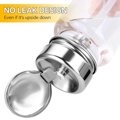 2-Pack 100ml/3.38oz Clear Glass Pump Dispenser Bottle with Metal Flip Top, Nail Polish Remover/Makeup Remover Refillable Press Container, 3.98×1.97 Inch Compact Size for Home, Travel & Salon - size: Circle + Circle