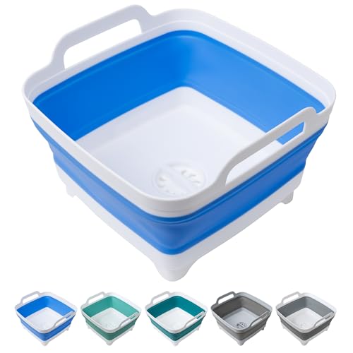 Tiawudi Dishpan for Washing Dishes, 2.4Gal/9L Wash Basin with Draining Plug Carry Handles, Collapsible Bucket for Cleaning, Portable Sink, Foldable Plastic Tub, 1PC - color: Blue, size: 1 x 9L