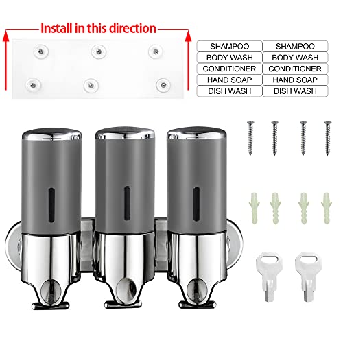 No-Drill 3 Pack 500ml Wall Mounted Soap Dispenser for Bathroom and Kitchen, Shampoo and Conditioner Dispenser Drill Free with Adhesive(Round-Grey) - color: Grey-1