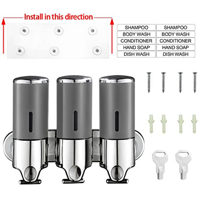 No-Drill 3 Pack 500ml Wall Mounted Soap Dispenser for Bathroom and Kitchen, Shampoo and Conditioner Dispenser Drill Free with Adhesive(Round-Grey) - color: Grey-1