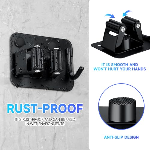 JAMEND CLXP 2-Pack Broom Holder with Heavy Duty Hooks, Upgraded Stainless Steel Mop Hanger. Wall Mount Utility Tool Rack for Kitchen Garden Laundry Garage. Matte Black.