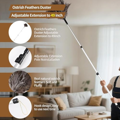 Extendable Ostrich Feather Duster up to 25-49 inches Fluffy Feathers Long Handle Reusable for Cleaning Ceiling Fan Pendant lamp Feather Duster 1pcs - color: Natural-b-1pcs