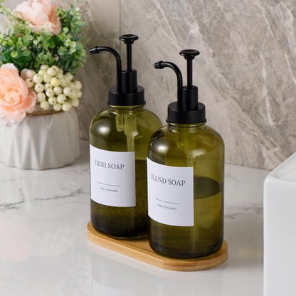 Glass Soap Dispenser with Pump, Dish and Hand Soap Dispenser for Kitchen Bathroom Set, Clear Glass Dispenser Set of 2 Pack with 18 Stickers Funnel Bamboo Tray 500ml 18oz Green - color: Glass Olive Green