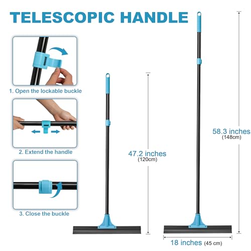 NEWE Floor Squeegee Broom with 18’’ Heavy Duty Rubber Scraper and 58.3’’ Telescopic Long Handle for Garage Concrete Bathroom Tile Shower Glass Marble Deck Window