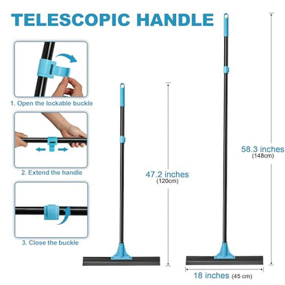 NEWE Floor Squeegee Broom with 18’’ Heavy Duty Rubber Scraper and 58.3’’ Telescopic Long Handle for Garage Concrete Bathroom Tile Shower Glass Marble Deck Window