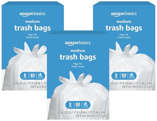 Amazon Basics 8 Gallon Flap Tie Trash Bags, Fresh Scent, 80 Count (Pack of 3) - size: 80 Count (Pack of 3)