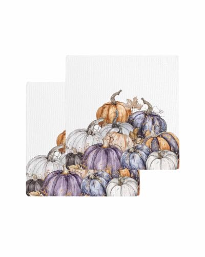 Thanksgiving Pumpkins Dish Towels Set, Waffle Weave Kitchen Towels 2 Pieces, Microfiber Hair Face Bath Tea Towel Absorbent Quick Drying Cleaning Dish Cloths, Autumn Botanical Maple Leaf 12"x12" - color: Purple Orange White, size: 2PCS,12"x12"