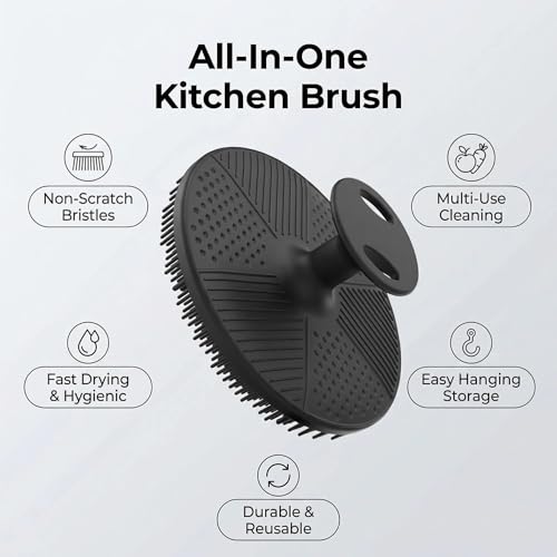 Silicone Scrub Brush for Dishes and Kitchen Cleaning, Soft Non-Scratch Sponge for Pots, Pans, Fruits, Vegetables, Reusable Dishwashing Brush with Hanging Hook, Black
