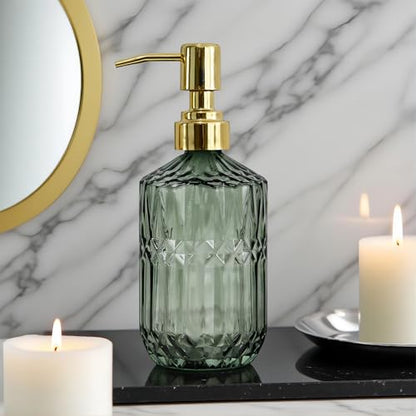 18oz Green Glass Soap Dispenser, Refillable Kitchen, Bathroom Thick Glass Soap Dispenser with Golden Rustproof Pump for Dishwashing Liquid, Hand Soap, Lotion, Body Wash (Green-Golden Pump) - color: Green-golden Pump