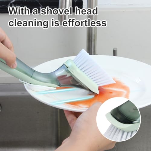 CQT Soap Dispensing Dish Brush Storage Set, Dish Scrubber with Handle, Kitchen Washing Brush for Pot Pan Sink Cleaning, Kitchen Brush with Holder and 1 Replaced Scouring Pad Head - color: Gray