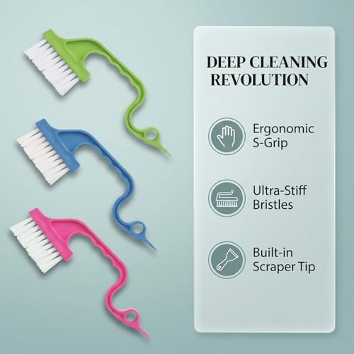 Window Track Cleaning Brush Set, 3 Pack Crevice & Groove Cleaner with 2-in-1 Brush and Built-in Scraper, Multipurpose Window Track Cleaning Tools for Sliding Door Tracks, Blinds, Gaps