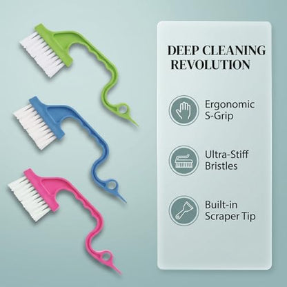 Window Track Cleaning Brush Set, 3 Pack Crevice & Groove Cleaner with 2-in-1 Brush and Built-in Scraper, Multipurpose Window Track Cleaning Tools for Sliding Door Tracks, Blinds, Gaps