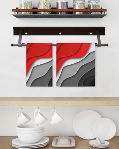 Abstract Red Hand Towels Set,Waffle Weave Kitchen Towels 2 Pieces,Microfiber Hair Face Bath Tea Towel Absorbent Quick Drying Cleaning Dish Cloths,Modern Geometric Ombre Grey White Art 15.7"x23.6" - color: Red, size: 2PCS,15.7"x23.6"