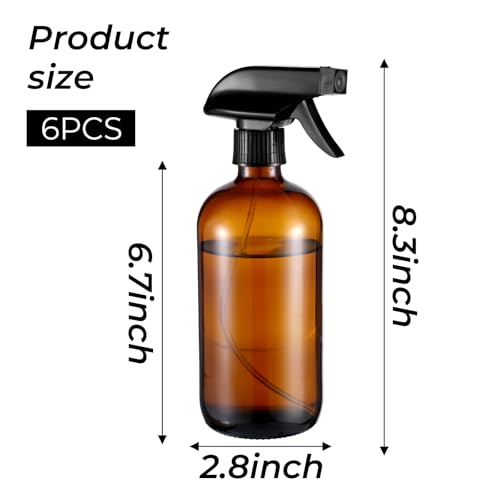 6 Pack Amber Glass Spray Bottles, Refillable 16 oz Empty Bottle with Durable Adjustable Nozzles for Cleaning Solution, Spray Bottles for Hair, Plants, Cleaner, Essential Oil