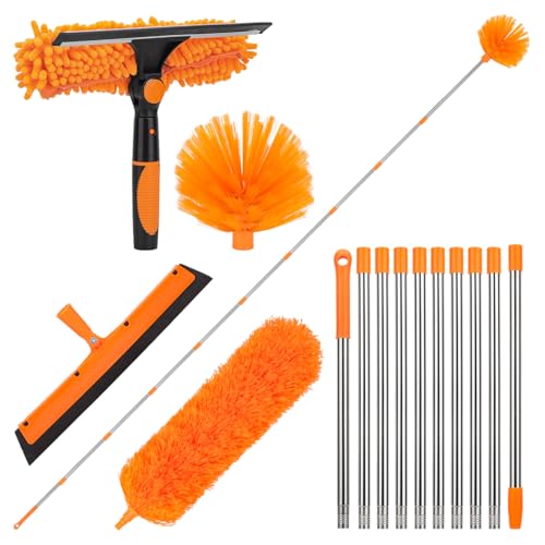 Cobweb Duster Kit and Window Squeegee Cleaner Tool with Extension Pole: 165 Inch 4-in-1 High Ceiling Dusting and Window Cleaning Kit - Cobweb Duster and Feather Duster