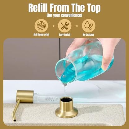 Built in Soap Dispenser for Kitchen Sink Countertop, Brushed Gold Stainless Steel Soap Dispenser Pump Head Refill from the Top with 11 Ounce Transparent Soap Bottle - color: Gold