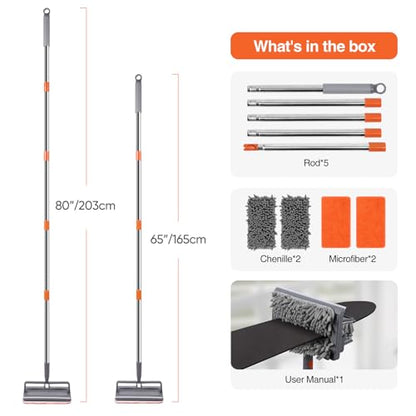Ceiling Fan Cleaner Duster with 80" Stainless Steel Extendable Pole, 6-in-1 High Reach Fan Duster for Ceiling Fan Blades with 4 Reusable Mop Pads for Fan, Wall, Floor, Blind, Baseboard & Window