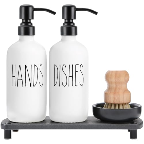 MOMEEMO White Soap Dispenser Set Comes with Stainless Pumps, Black Instant Dry Tray, and Dish Scrub Brush, Suitable for Kitchen Decor and Accessories. (White & Black) - color: White2