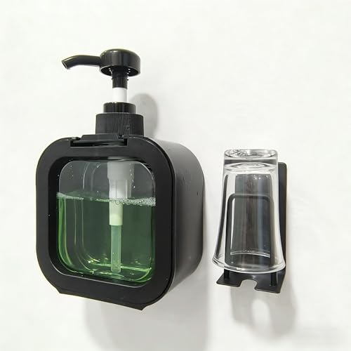 Mouthwash Dispenser for Bathroom, Wall Mount No Drill Bathroom Organiger, Refillable Plastic Pump Bottle with Reusable Cup, with Cup Holder (Black)