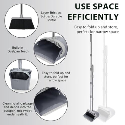 YZO Broom with Dustpan Combo Set, 54.33 Inch Long Handle Standing Design, Dustpan Front Rubber Tight Seal, Broom with 5 Layer Bristles, Suitable for Bedroom, Yard, Office and Apartment(Gray&Black) - color: Gray&black