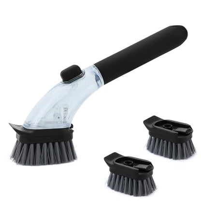 DAPOWER Soap Dispensing Dish Brush with Handle, Kitchen Scrub Brush for Dishes Pots Pans Sink Cleaning (Black)