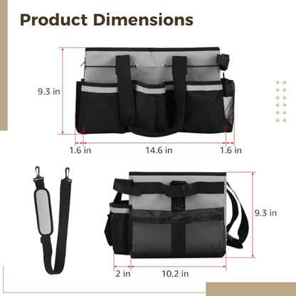 Wearable Cleaning Caddy Bag, Large Housekeeping Supply Organizer with Adjustable Shoulder Strap, Waist Strap and Handle, 600D Oxford Cleaning Tote with Dividers for Kitchen, Car Detailing, Black Gray