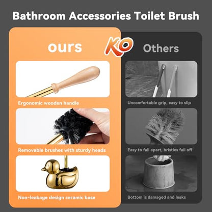 Gold Toilet Brush and Holder Set - Wooden & Stainless SteelHandle Gold Toilet Bowl Brush and Holder with Replaceable Head- Dense Bristles for Thorough Cleaning,Duck Design for Bath Decor Storage