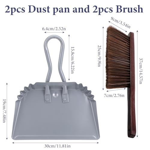 2pcs Metal Dustpan and Brush Set, 12In Extra Large Handheld Dust Pan and Wood Broom,Heavy-Duty Dust Pans Metal Edge Flat Against Floor for Patio/Pet/Car/Outdoor