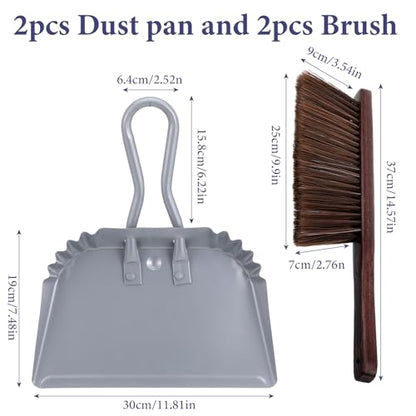 2pcs Metal Dustpan and Brush Set, 12In Extra Large Handheld Dust Pan and Wood Broom,Heavy-Duty Dust Pans Metal Edge Flat Against Floor for Patio/Pet/Car/Outdoor