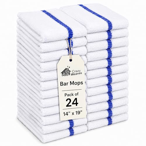 Bar Mops Pack of 24 (14" x 19") - 100% Cotton Cleaning Rags for Housekeeping - Thick, Absorbent & Reusable Bar Towels for Cleaning House & Restaurant - Kitchen Towels Bulk (Blue Stripe) - color: Blue Stripe, size: Pack of 24