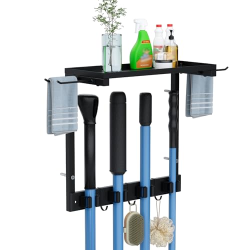 Broom Holder Wall Mount with Cleaning Supplies Organizer, Laundry Room Organization and Storage Shelves, Mop Hanger Broom Rack with Hooks, Home Improvement Kitchen Shelf Garage Organizer