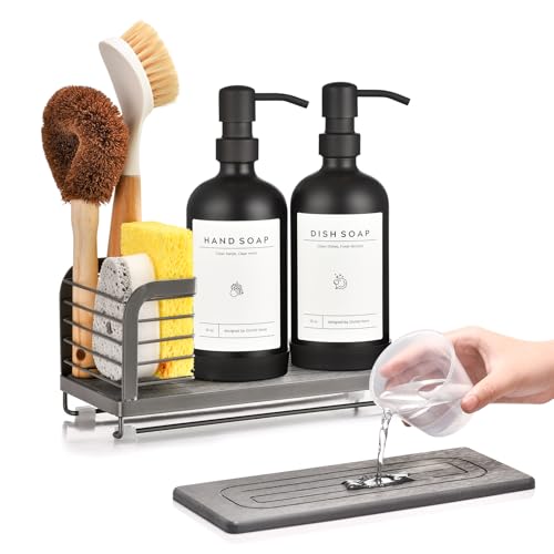 Kitchen Soap Dispenser Set with Drying Tray – 16oz Glass Bottles with Stainless Steel Pumps, Sink Organizer Caddy with Brush Holder & Non-Slip Feet – All-in-One Dish & Hand Soap Station - color: Grey Sink Caddy + Black Bottle + Black Pump