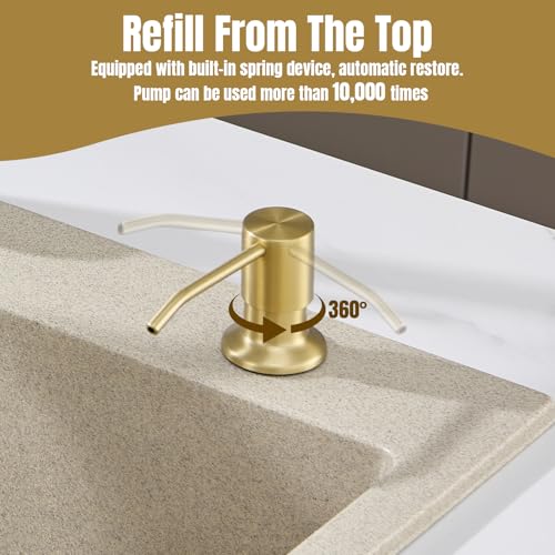 Built in Soap Dispenser for Kitchen Sink Countertop, Brushed Gold Stainless Steel Soap Dispenser Pump Head Refill from the Top with 11 Ounce Transparent Soap Bottle - color: Gold