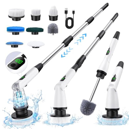Electric Spin Scrubber with 8 Replaceable Brush Heads 3 Adjustable Angle Waterproof LED Display Cordless Cleaning Brush Supplies Bathroom Cleaner Set Long Handle Power Scrubber for Shower Floor Tub