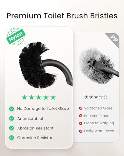 Cesun Toilet Brush and Holder Set, Curved Toilet Bowl Brush for Under Rim Cleaning, 304 Stainless Steel Holder, Weighted Base, Long Handle Toilet Scrubber, 2 Brush Heads, Black - color: Black