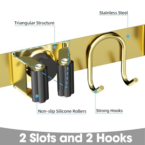 Broom Holder Wall Mount, 2-Pack Stainless Steel Mop and Broom Organizer, Broom Hanger with 2 Slots 2 Hooks for Home Kitchen, Garage, Garden and Laundry Room, Gold - color: Gold-2 Pack