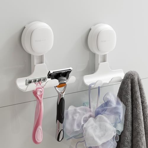 TAILI Suction Cup Razor Holder for Shower 2 Pack, Upgraded Visible Safety Indicator, Rust-Resistant Bathroom Organizer, No-Drill Glass Shower Wall Hook for Towel, Loofah, Razor, Squeegee, Easy to Use - color: White