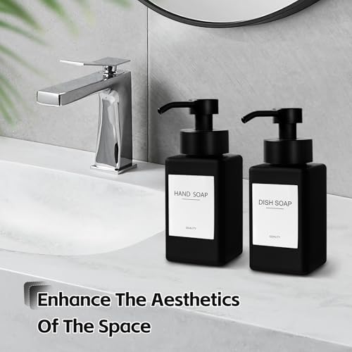 Black Foaming Hand Soap Dispenser, 12oz/350ml Glass Square Foam Soap Dispenser Set, 2Pcs Foaming Soap Dispenser with Foaming Pump, Refillable Soap Foam Dispenser for Bathroom, Kitchen - color: Black