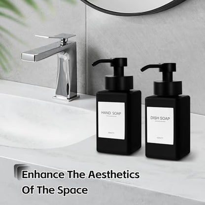 Black Foaming Hand Soap Dispenser, 12oz/350ml Glass Square Foam Soap Dispenser Set, 2Pcs Foaming Soap Dispenser with Foaming Pump, Refillable Soap Foam Dispenser for Bathroom, Kitchen - color: Black