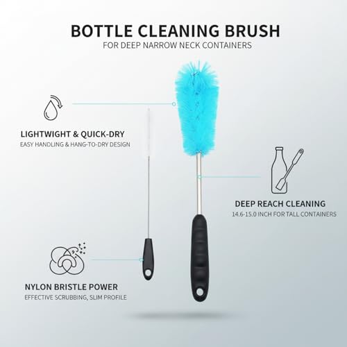 Long Handle Bottle Cleaning Brush for Narrow Neck Containers, Durable Nylon Bristles, Blue - size: 14.96 x 2.36 x 2.76 in