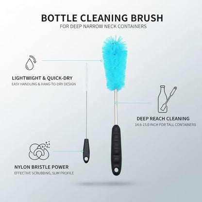 Long Handle Bottle Cleaning Brush for Narrow Neck Containers, Durable Nylon Bristles, Blue - size: 14.96 x 2.36 x 2.76 in