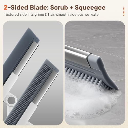 Floor Squeegee Broom with Rubber Scrubbing Teeth, 2-in-1 Magic Broom with 58 Inch Telescopic Handle, Wide Shower Floor Squeegee for Bathroom, Garage, Kitchen, Tile, Concrete, Pet Hair and Water
