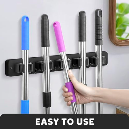 IMILLET Broom Holder Wall Mount, Wood Broom Holder with 5 Racks and 4 Hooks Broom Organizer, Laundry Room Organization and Storage, Mop Hanger for Home Organization, Garden, Garage, Closet (Black) - style: Wooden-5 Slots Black
