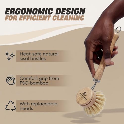 Bamboo Scrub Brush with Handle – Soft Sisal Bristles, Non-Toxic Dish Brush, Compostable & Biodegradable, Bamboo Dish Scrubber for Cookware, Bowls, Plates & Non-Stick Pans