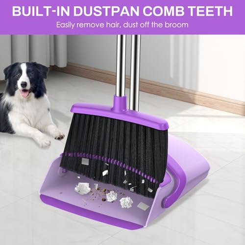 Broom and Dustpan Set for Home, 51-in Long Adjustable Handle Angle Broom and Dustpan Combo Set with Dust Pan Teeth to Clean Hair for Home Kitchen Office Lobby Floor Garden, Purple - color: Purple